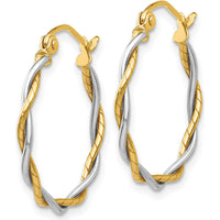 14K Two-Tone Twisted Hoop Earrings with Polished Finish - 16mm Length, 1.75mm Thickness by 0