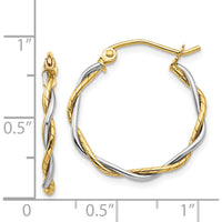 14K Two-Tone Twisted Hoop Earrings with Polished Finish - 16mm Length, 1.75mm Thickness by 0