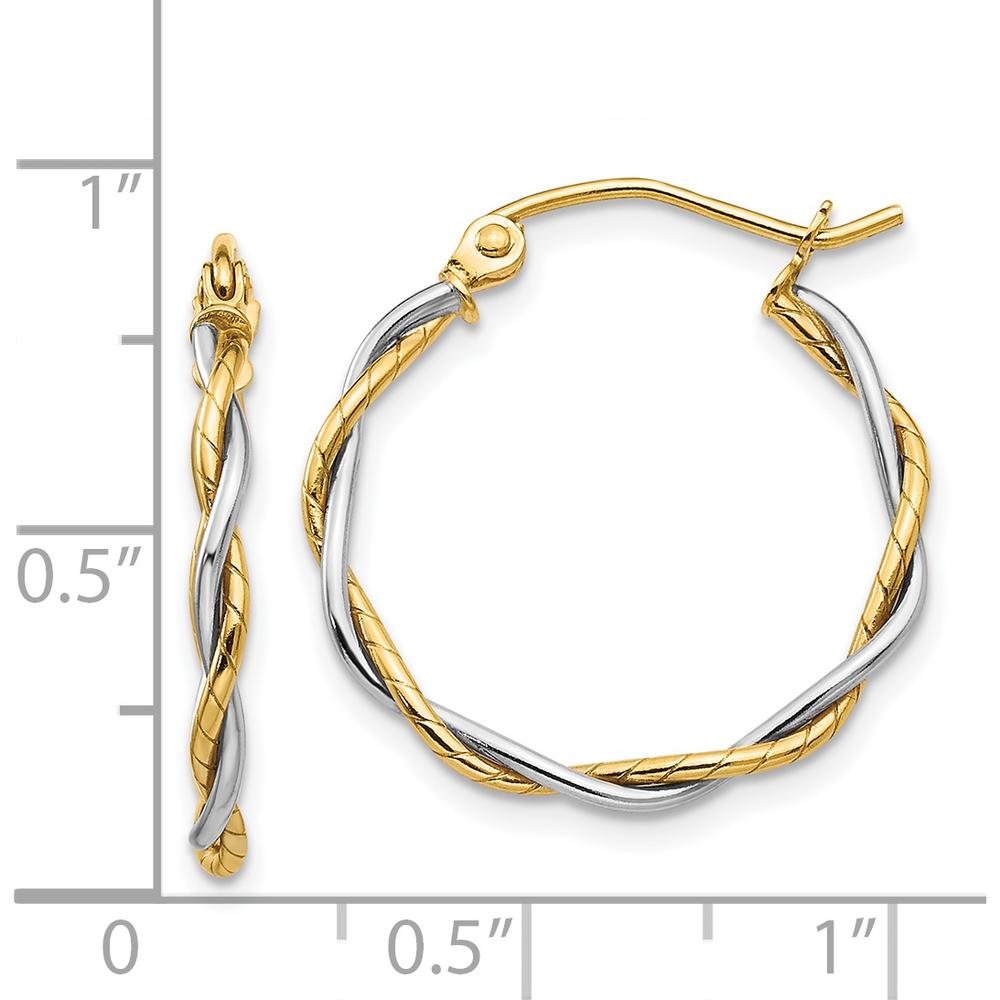 14K Two-Tone Twisted Hoop Earrings with Polished Finish - 16mm Length, 1.75mm Thickness by 0