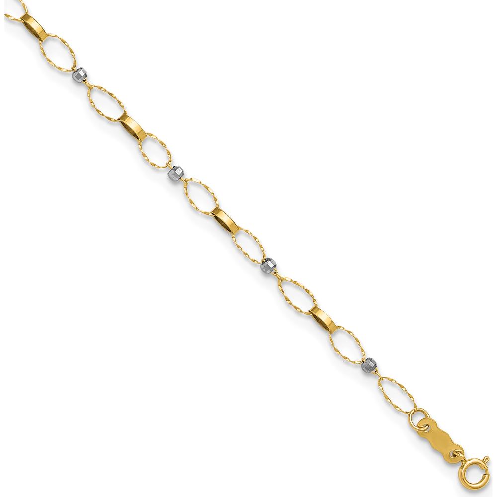 14K Two-Tone Twisted Links and Mirror Beads 9" Plus 1" Extender Anklet