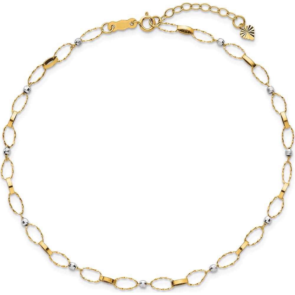 14K Two-Tone Twisted Links and Mirror Beads 9" Plus 1" Extender Anklet