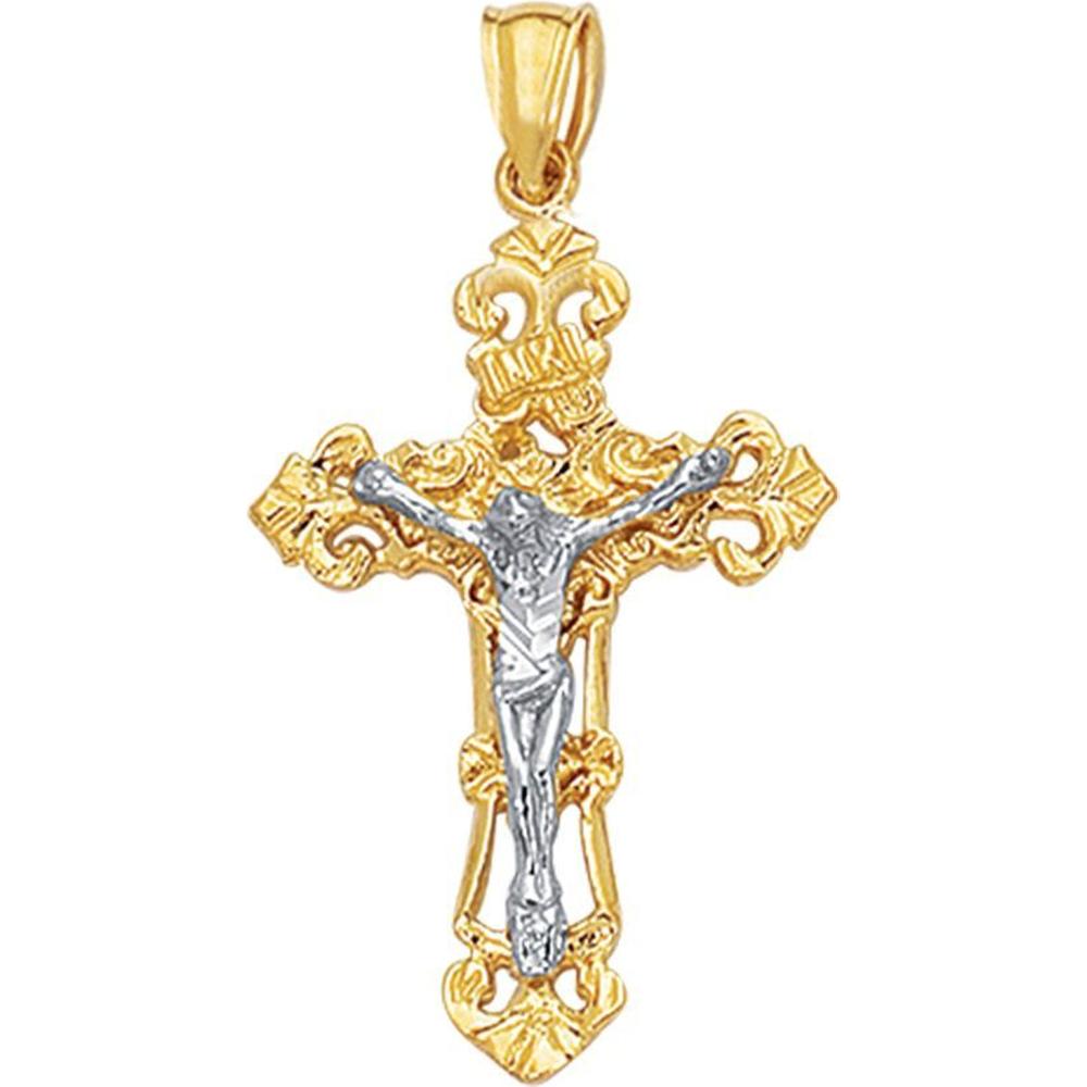 14K Two-Tone Vintage Crucifix Cross Charm Pendant - 39x20.8mm Polished Gold Finish by Orozza Fine Jewelry