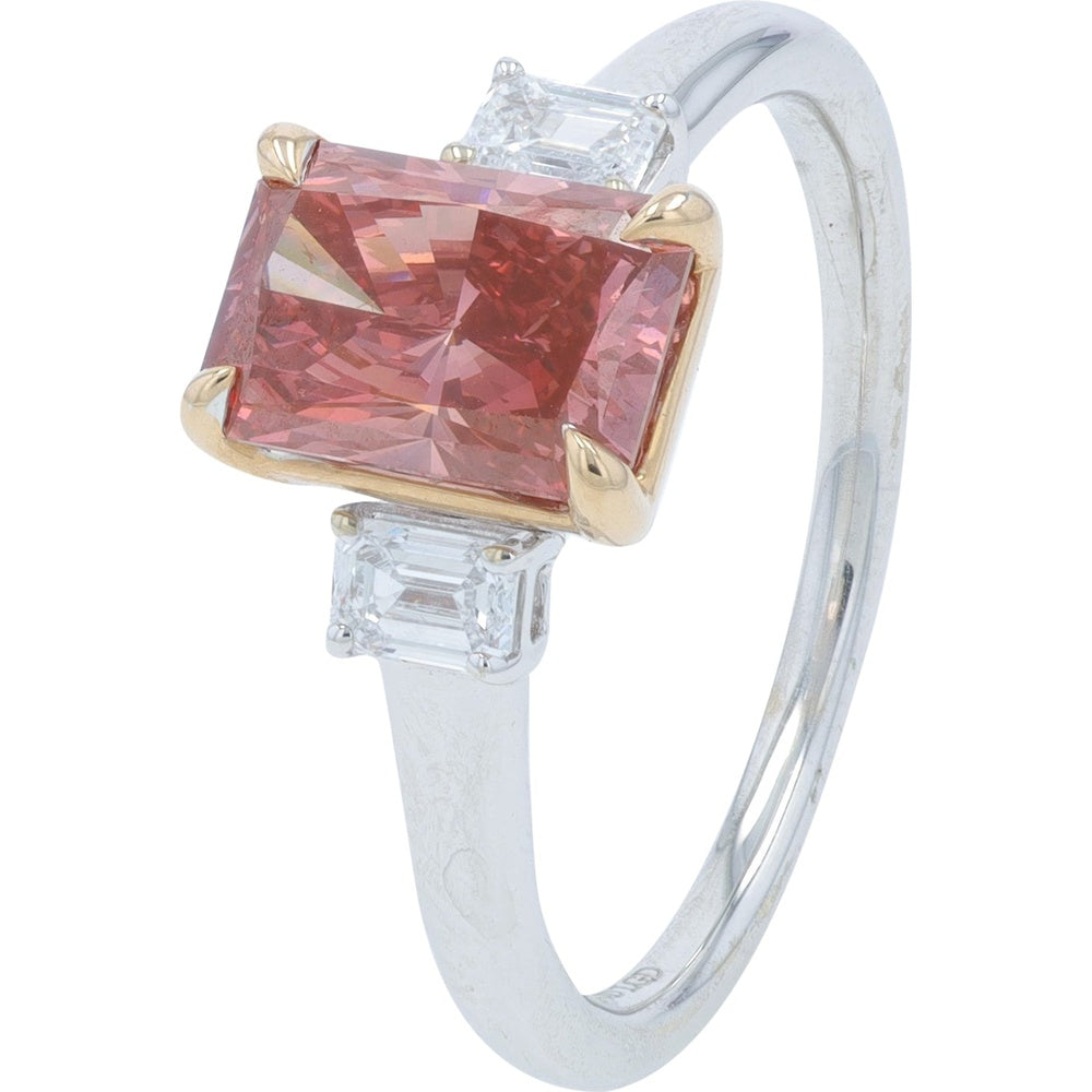 14K Two-Tone White and Rose Gold 3-Stone Engagement Ring with 1.50 Carat Pink Radiant Lab-Grown Diamond and Emerald-Cut Side Diamonds - 1.87 Carat Total Diamond Weight