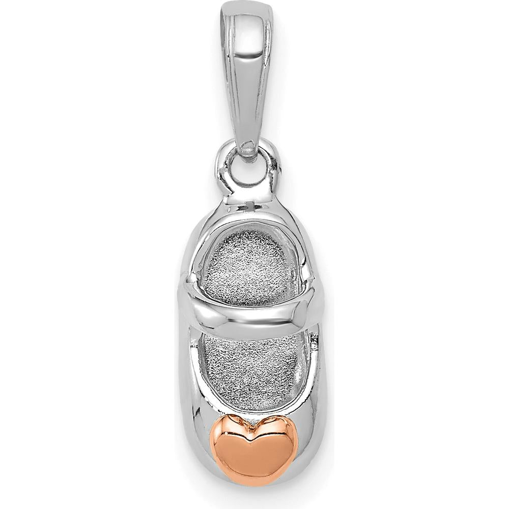 14K Two-Tone White and Rose Gold Baby Shoe Pendant with Heart Charm by Oro Pregiato