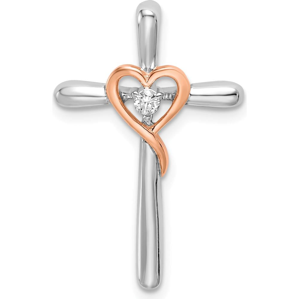 14K Two-Tone White and Rose Gold Cross with Heart Pendant with Round Diamond - 0.04 Carat Total Diamond Weight by Oro Pregiato