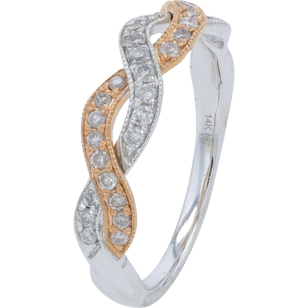 14K Two-Tone White and Rose Gold Crossover Band with Milgrain-Edged Prong Set Round Diamonds - 0.33 Carat Total Diamond Weight