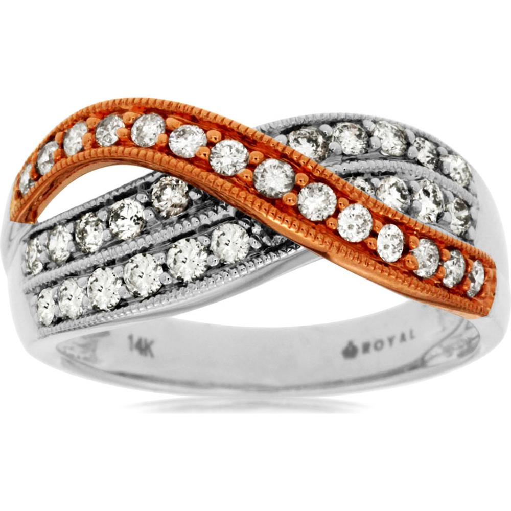 14K Two Tone White & Rose Gold Crossover Ring with Pave Set Round Diamonds - 0.75 Carat Total Diamond Weight - Royal Jewelry