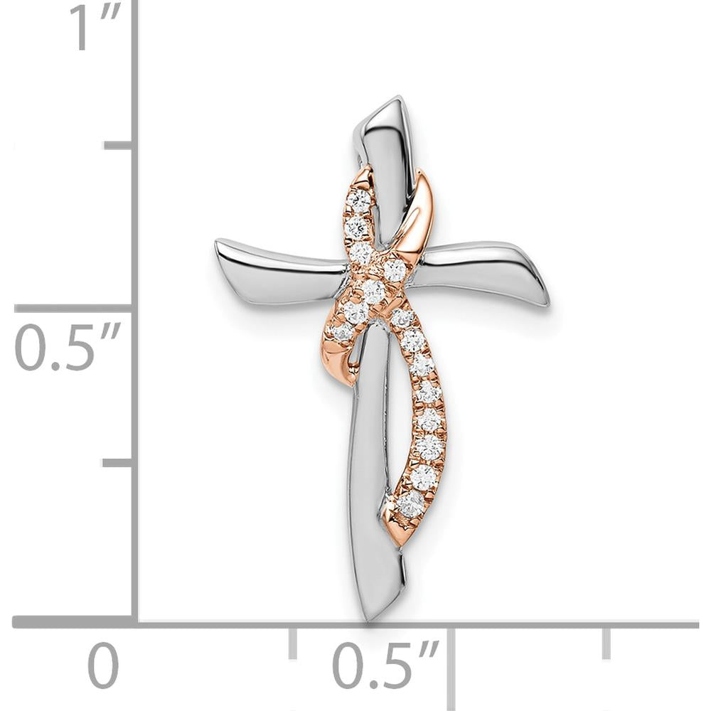 14K Two-Tone White and Rose Gold Diamond Cross Pendant with Ribbon Slide - 1/15 Carat Total Diamond Weight by Oro Pregiato