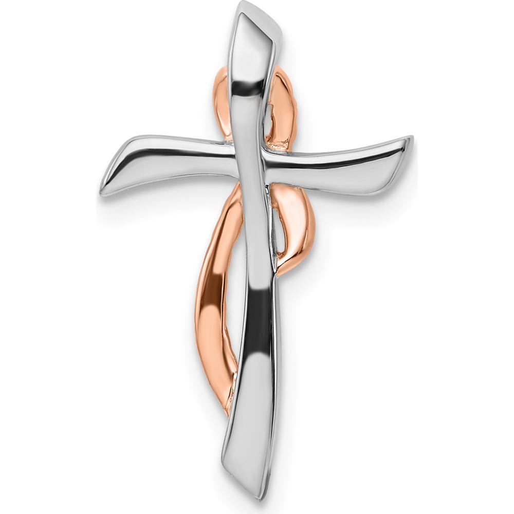 14K Two-Tone White and Rose Gold Diamond Cross Pendant with Ribbon Slide - 1/15 Carat Total Diamond Weight by Oro Pregiato