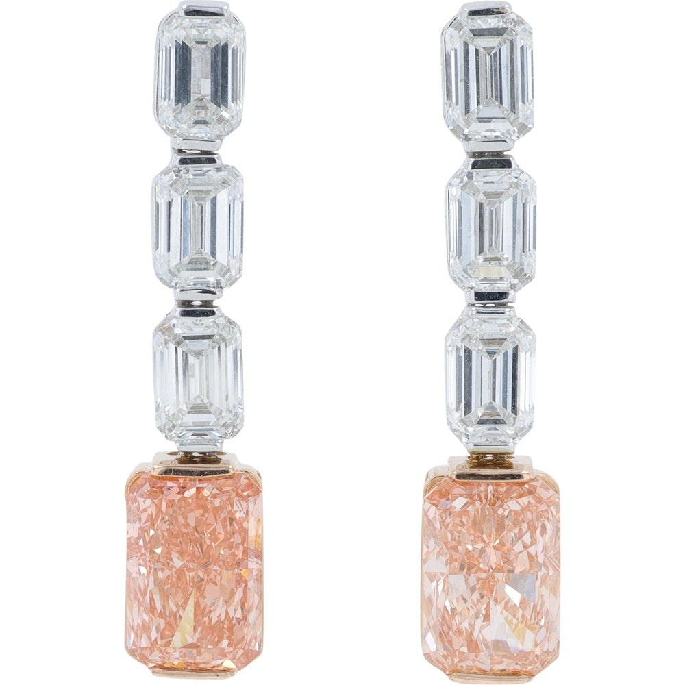 14K Two-Tone White and Rose Gold Drop Earrings with Emerald-Cut White and Fancy Pink Lab-Grown Diamonds - 5.00 Carat Total Diamond Weight