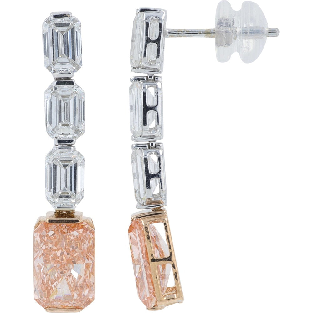 14K Two-Tone White and Rose Gold Drop Earrings with Emerald-Cut White and Fancy Pink Lab-Grown Diamonds - 5.00 Carat Total Diamond Weight