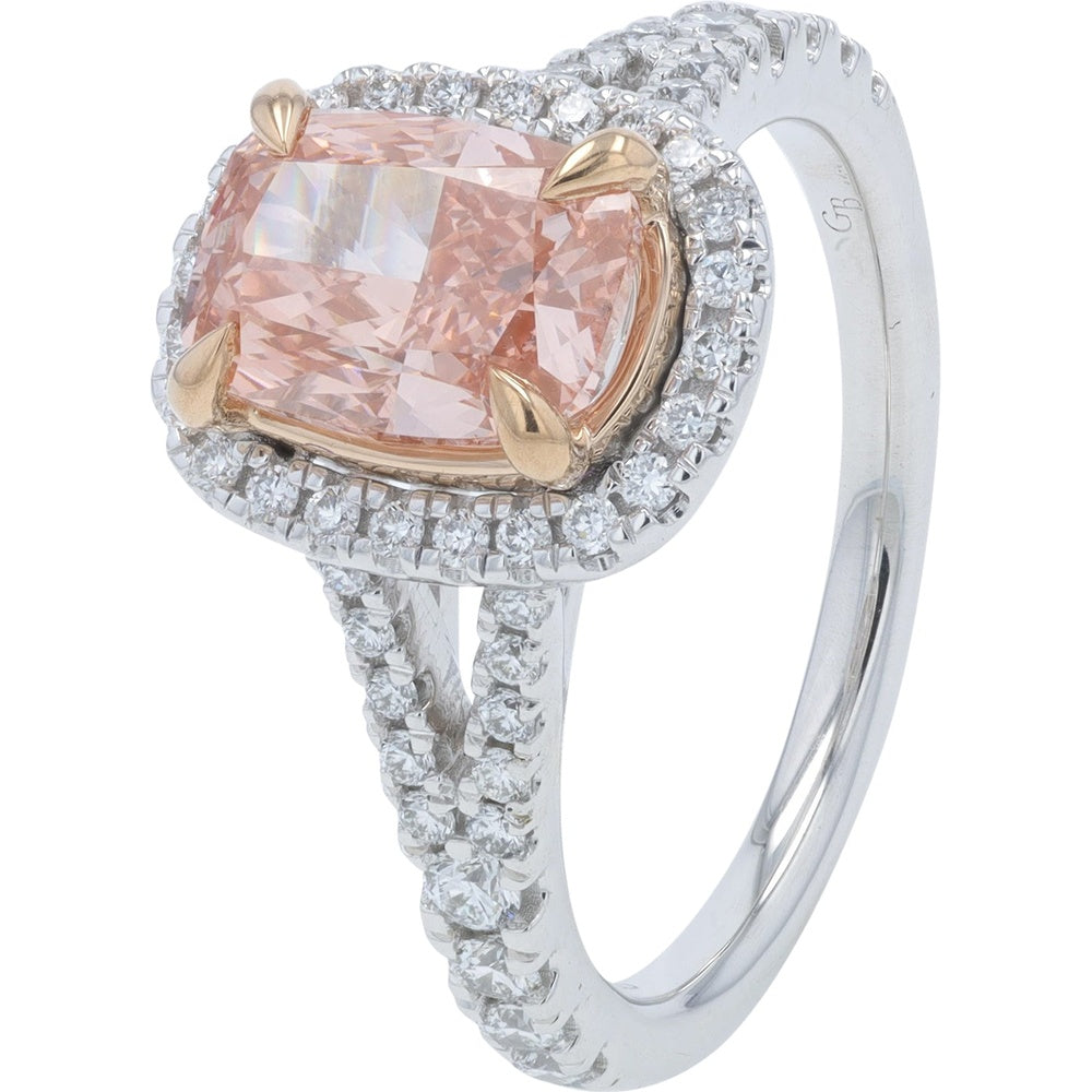 14K Two-Tone White and Rose Gold Elongated Cushion Cut Pink Lab Grown Diamond Halo Engagement Ring - 2.50 Carat Total Weight