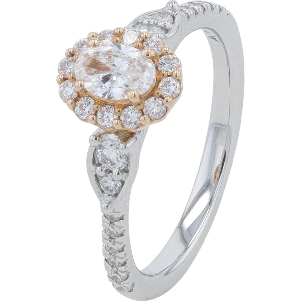 14K Two-Tone White and Rose Gold Engagement Ring with Oval Cut 0.31 Carat Lab Grown Diamond and Halo - 0.78 Carats Total Diamond Weight