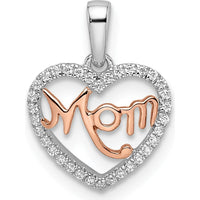 14K Two-Tone White and Rose Gold Heart MOM Script Pendant with Diamonds - 0.10 Carat Total Diamond Weight by Oro Pregiato