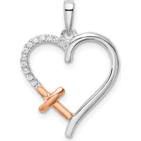 14K Two-Tone White and Rose Gold Heart with Cross and Round Diamond Pendant - 1/20 Carat Total Diamond Weight by Oro Pregiato
