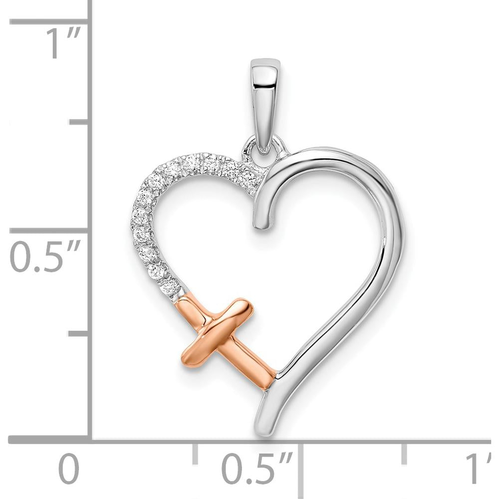 14K Two-Tone White and Rose Gold Heart with Cross and Round Diamond Pendant - 1/20 Carat Total Diamond Weight by Oro Pregiato