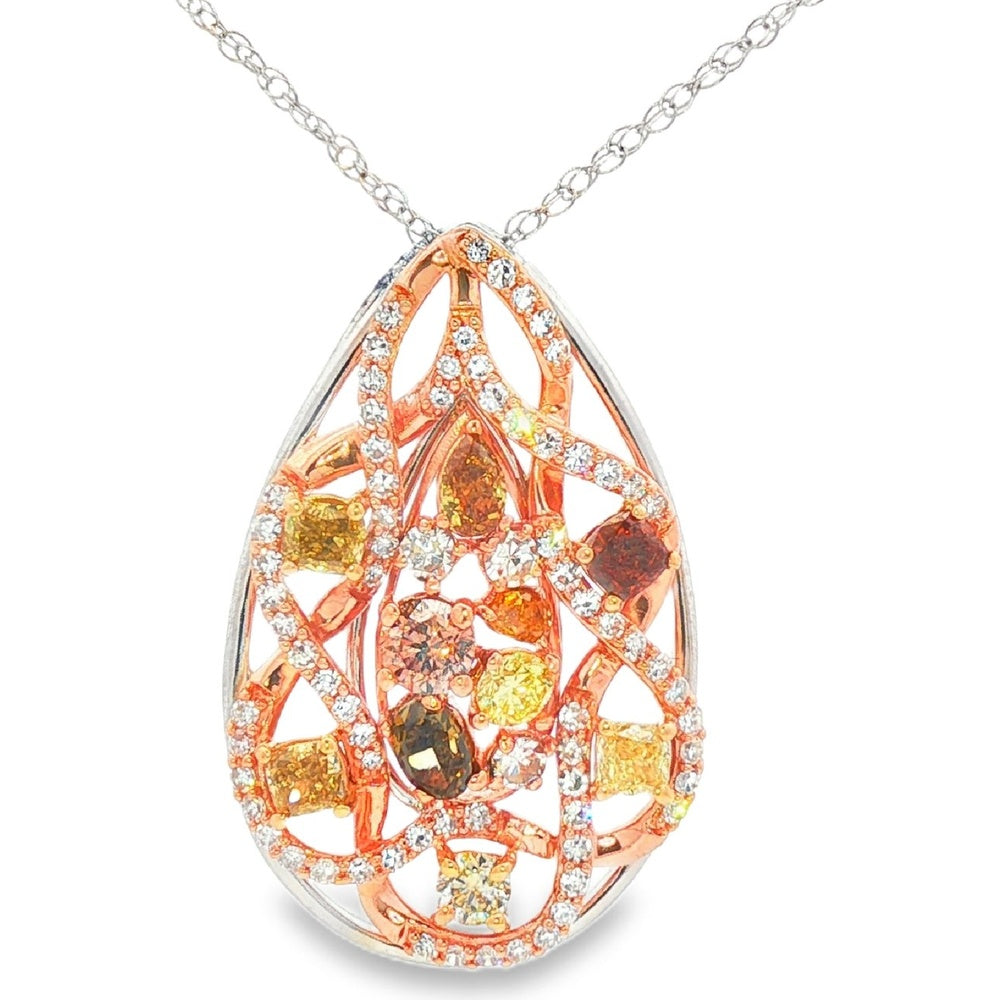 14K Two Tone White and Rose Gold Pear-Shaped Openwork Pendant with Milgrain Detail - 0.54 Carat Total White Diamond Weight and 1.83 Carat Total Fancy Yellow and Brown Diamond Weight by Auriventus