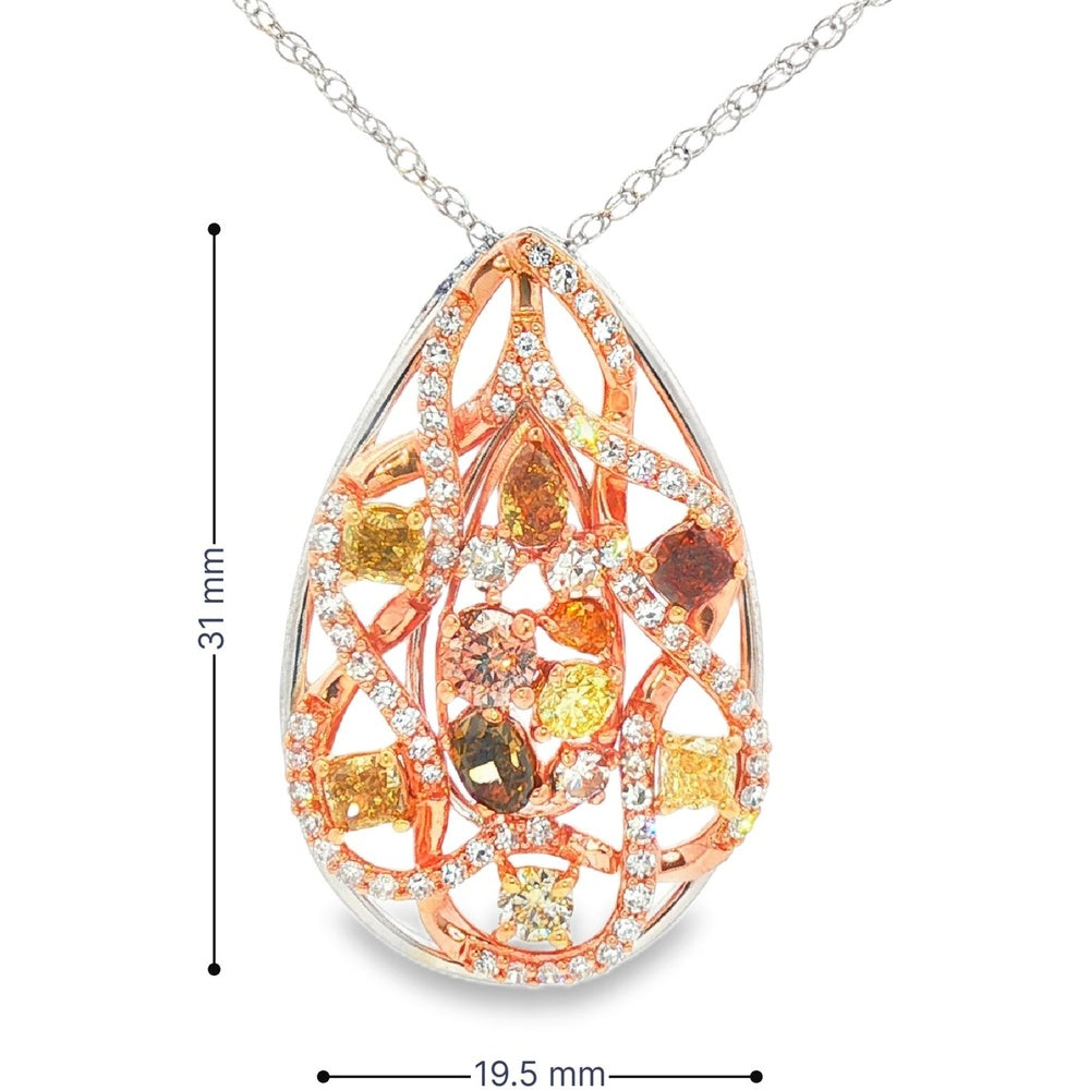 14K Two Tone White and Rose Gold Pear-Shaped Openwork Pendant with Milgrain Detail - 0.54 Carat Total White Diamond Weight and 1.83 Carat Total Fancy Yellow and Brown Diamond Weight by Auriventus