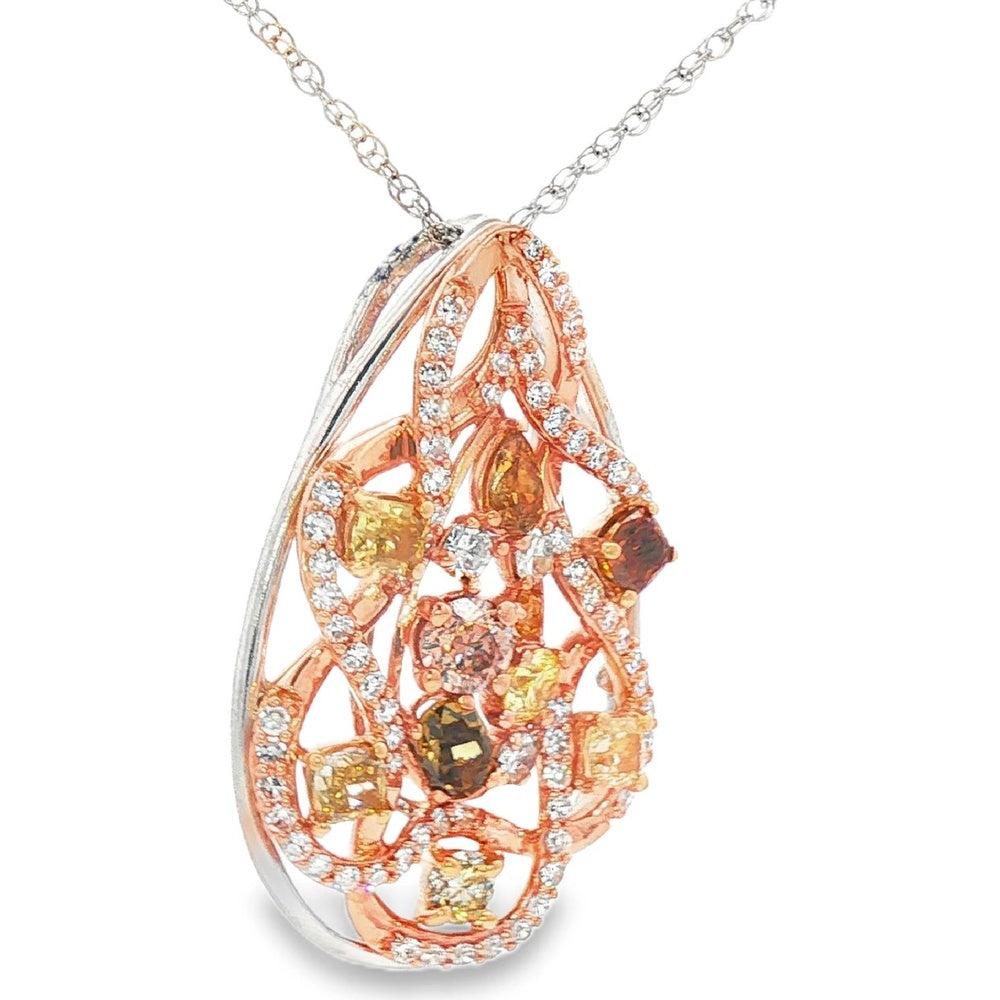 14K Two Tone White and Rose Gold Pear-Shaped Openwork Pendant with Milgrain Detail - 0.54 Carat Total White Diamond Weight and 1.83 Carat Total Fancy Yellow and Brown Diamond Weight by Auriventus