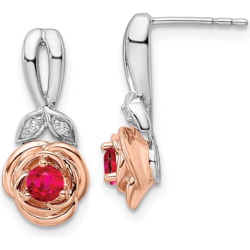 14K Two-Tone White and Rose Gold Ruby and Diamond Flower Drop Earrings - 0.24 Carat Total Ruby Weight, 0.032 Carat Total Diamond Weight by Oro Pregiato