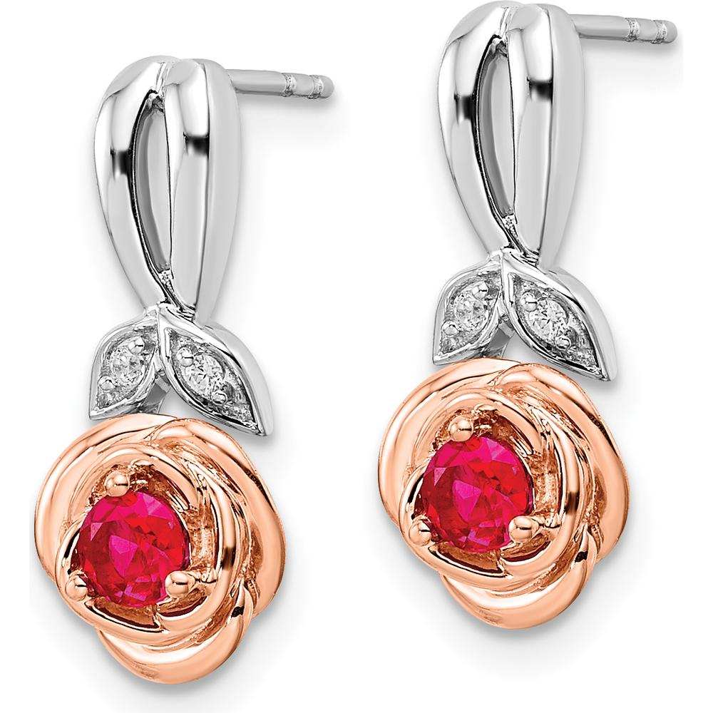 14K Two-Tone White and Rose Gold Ruby and Diamond Flower Drop Earrings - 0.24 Carat Total Ruby Weight, 0.032 Carat Total Diamond Weight by Oro Pregiato