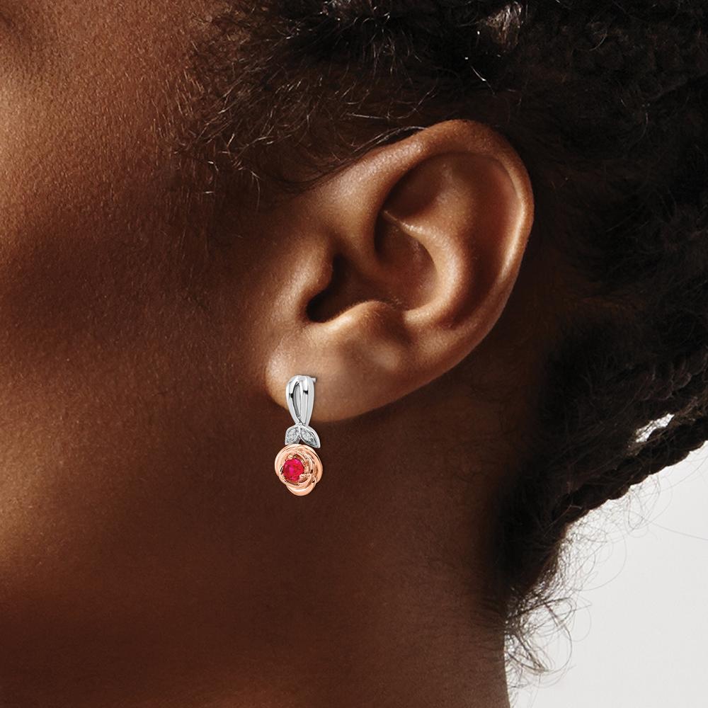 14K Two-Tone White and Rose Gold Ruby and Diamond Flower Drop Earrings - 0.24 Carat Total Ruby Weight, 0.032 Carat Total Diamond Weight by Oro Pregiato