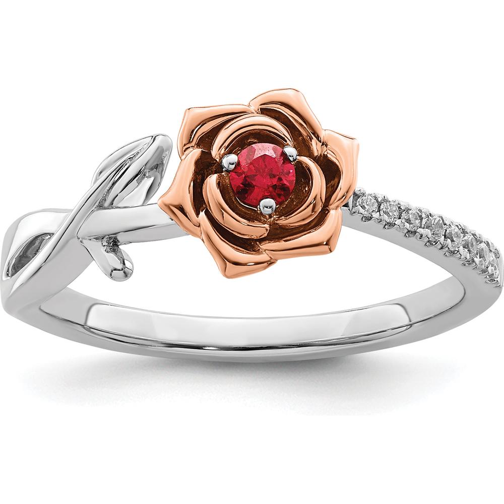 14K Two-Tone White and Rose Gold Ruby and Diamond Flower Ring - 0.09 Carat Ruby, 0.04 Carat Total Diamond Weight by 0