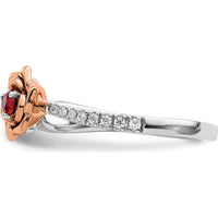 14K Two-Tone White and Rose Gold Ruby and Diamond Flower Ring - 0.09 Carat Ruby, 0.04 Carat Total Diamond Weight by 0
