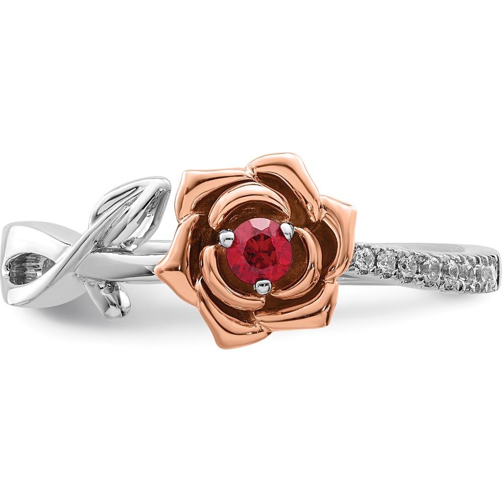 14K Two-Tone White and Rose Gold Ruby and Diamond Flower Ring - 0.09 Carat Ruby, 0.04 Carat Total Diamond Weight by 0