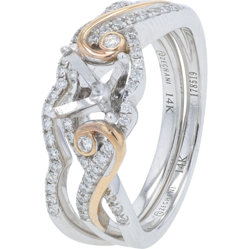 14K Two-Tone White and Rose Gold Semi-Mount Bridal Ring Set with Swirl Design and 0.24 Carat Total Weight Round Diamonds