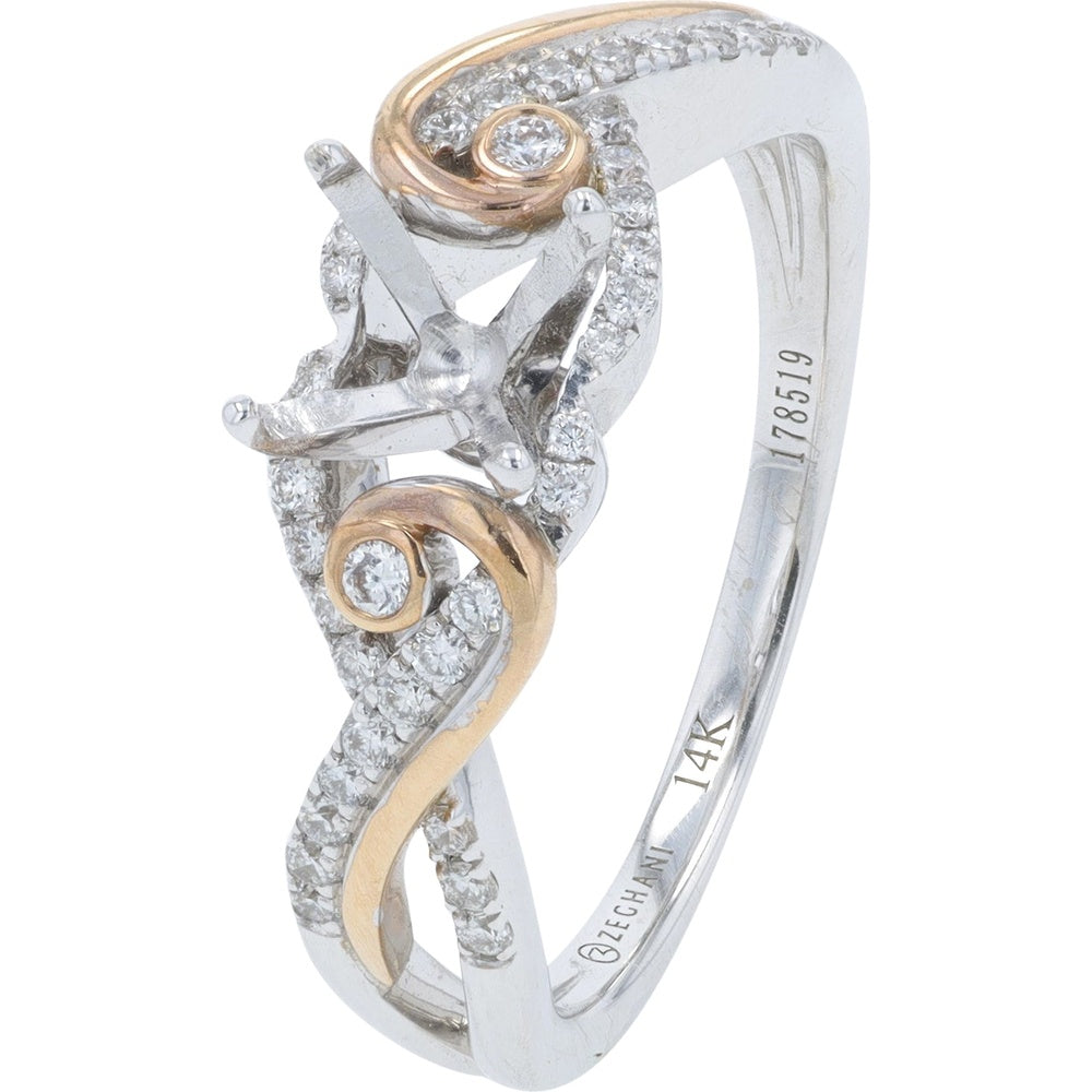 14K Two-Tone White and Rose Gold Semi-Mount Bridal Ring Set with Swirl Design and 0.24 Carat Total Weight Round Diamonds