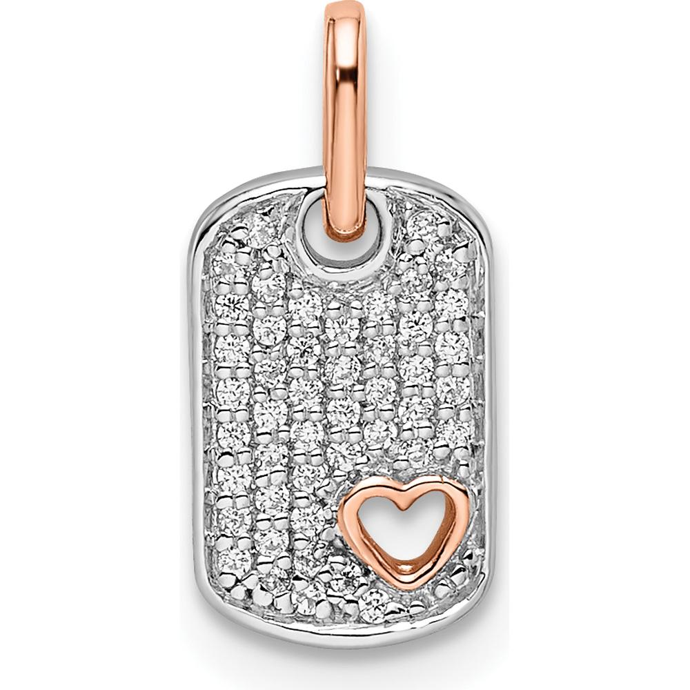 14K Two-Tone White and Rose Gold Small Dog Tag Pendant with Heart Diamond - 0.14 Carat Total Diamond Weight by Oro Pregiato