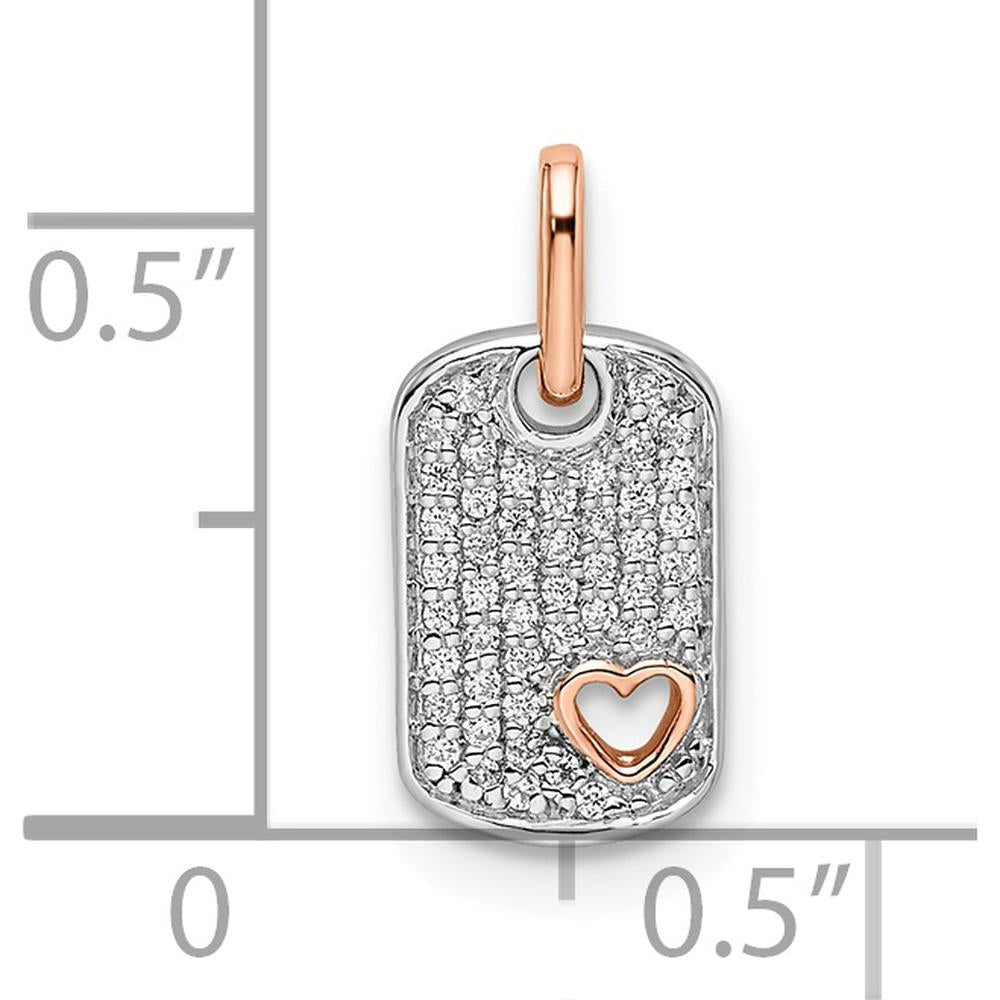 14K Two-Tone White and Rose Gold Small Dog Tag Pendant with Heart Diamond - 0.14 Carat Total Diamond Weight by Oro Pregiato