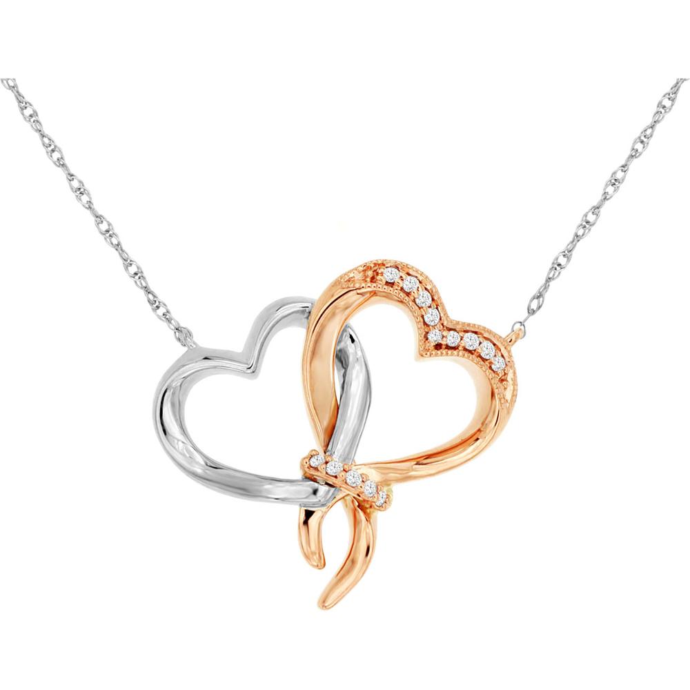 14K Two-Tone White and Rose Gold Twisted Heart Pendant Necklace with Pave-Set Round Diamonds - 0.05 Carat Total Diamond Weight - Royal Jewelry