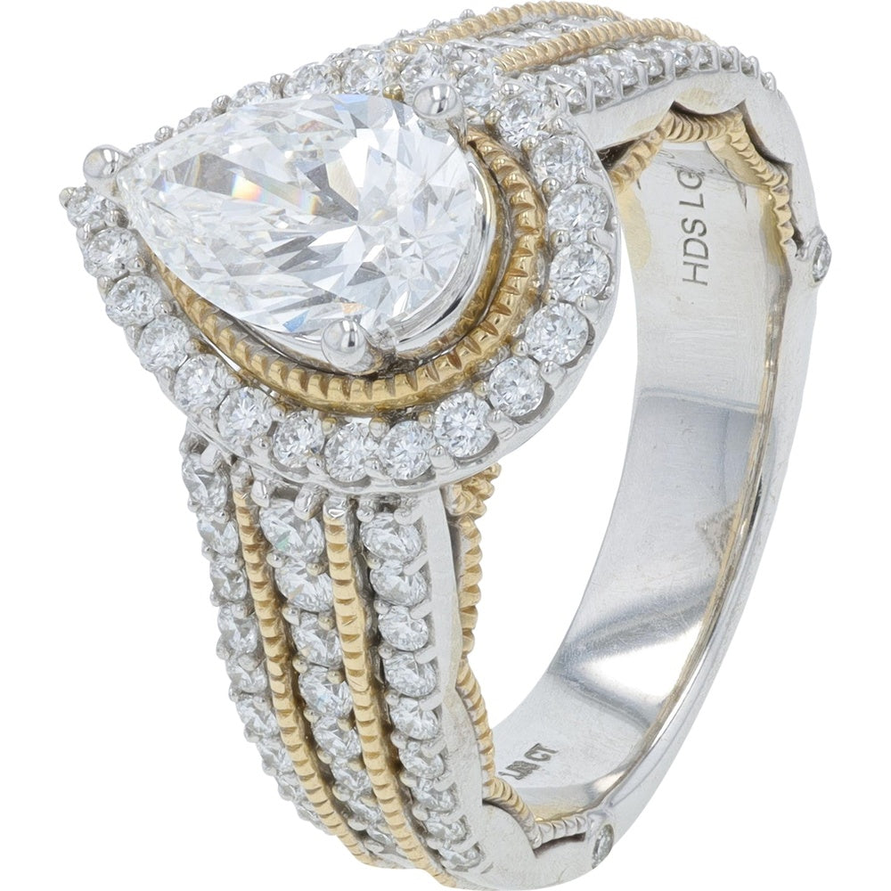 14K Two-Tone White and Yellow Gold Bridal Set with Pear-Shaped Halo and Pave-Set Diamonds - 2.75 Carat Total Lab Grown Diamond Weight