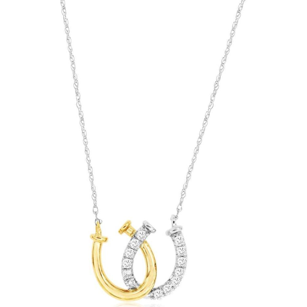 14K Two Tone White and Yellow Gold Diamond Horseshoe Pendant Necklace – 0.15 Carat Total Diamond Weight - Royal Jewelry