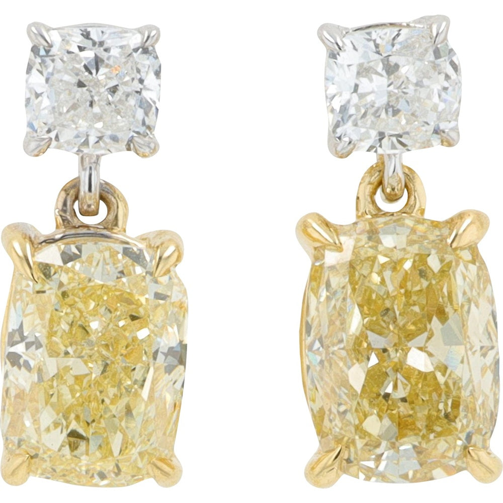 14K Two-Tone White and Yellow Gold Drop Earrings with Cushion Cut Lab Grown Fancy Yellow and White Diamonds - 2.00 Carat Total Diamond Weight