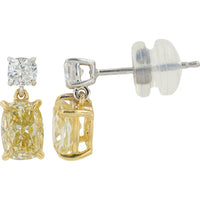 14K Two-Tone White and Yellow Gold Drop Earrings with Cushion Cut Lab Grown Fancy Yellow and White Diamonds - 2.00 Carat Total Diamond Weight