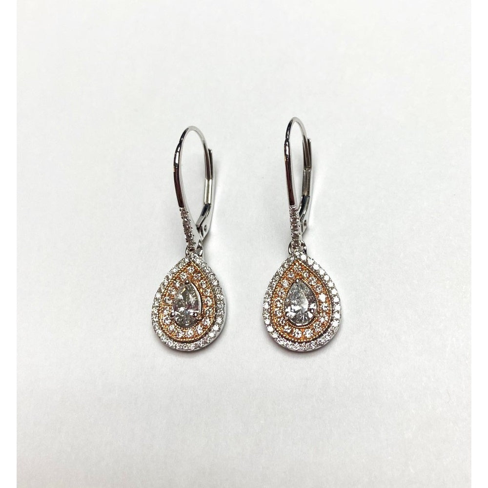 14K Two-Tone White and Yellow Gold Drop Earrings with Pear-Shaped Diamonds and Double Halos - 1.23 Carat Total Diamond Weight by Auriventus