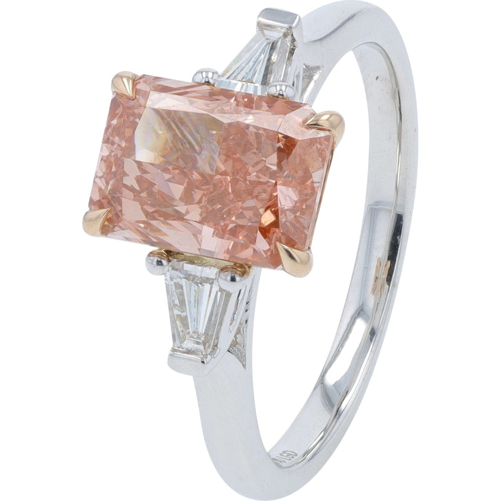 14K Two-Tone White and Yellow Gold Engagement Ring with Radiant Cut Lab Grown Diamond and Tapered Baguette Side Stones - 2.50 Carat Total Diamond Weight