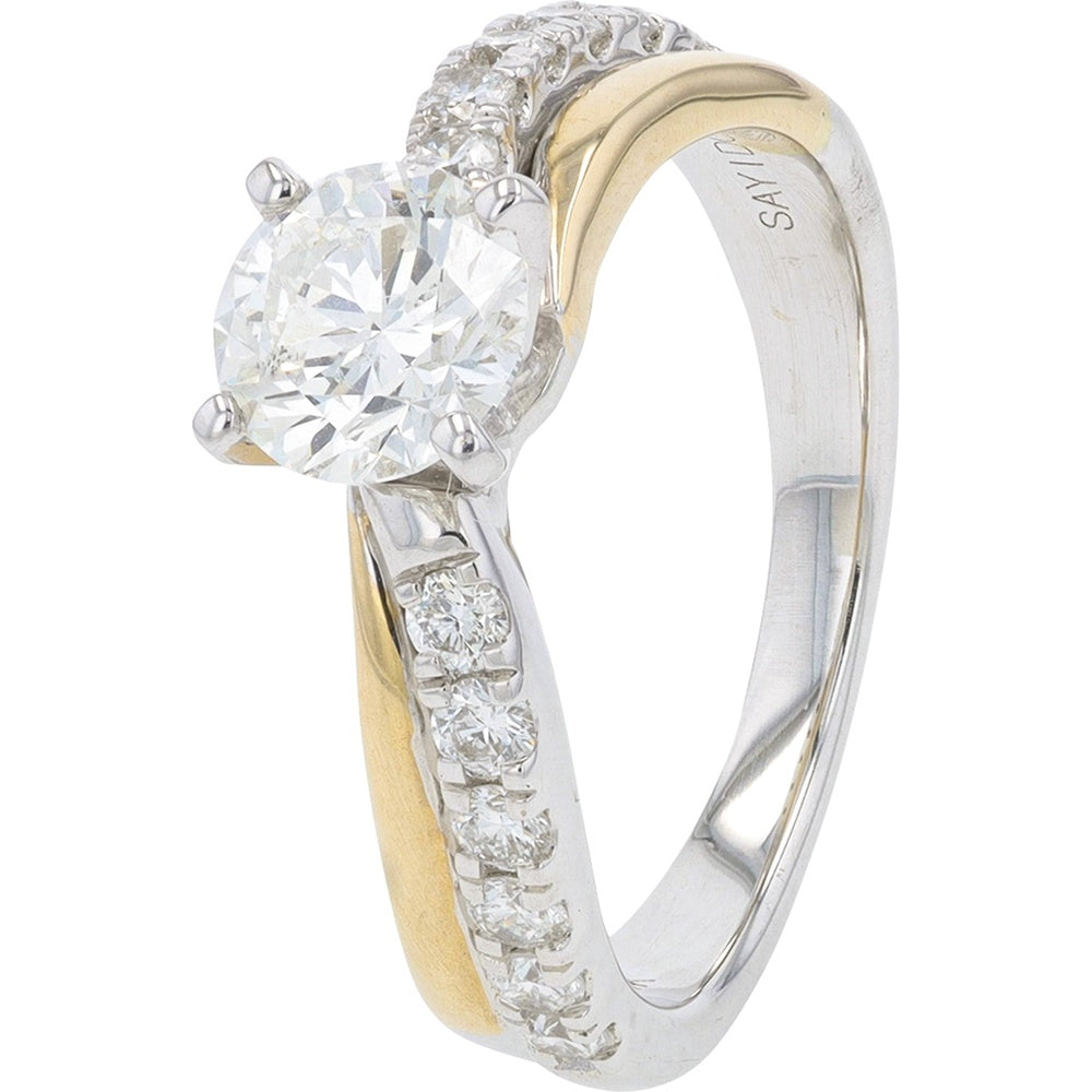 14K Two-Tone White and Yellow Gold Engagement Ring with Round Brilliant Center Diamond and Accented Band - 1.38 Carat Total Diamond Weight