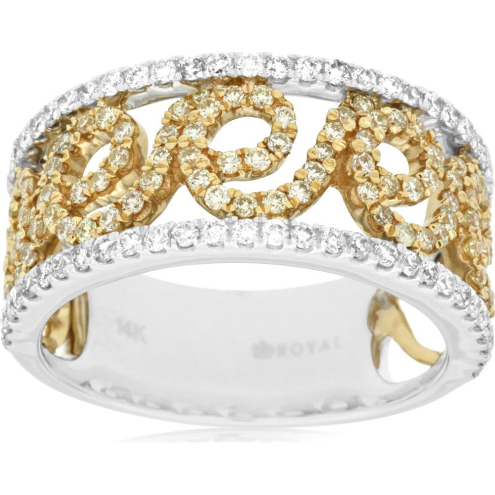 14K Two-Tone White & Yellow Gold Free-Form Ring with Pavé Set Yellow Diamonds (0.48ct) and Round White Diamonds (0.44ct) - 0.92 Carat Total Diamond Weight - Royal Jewelry