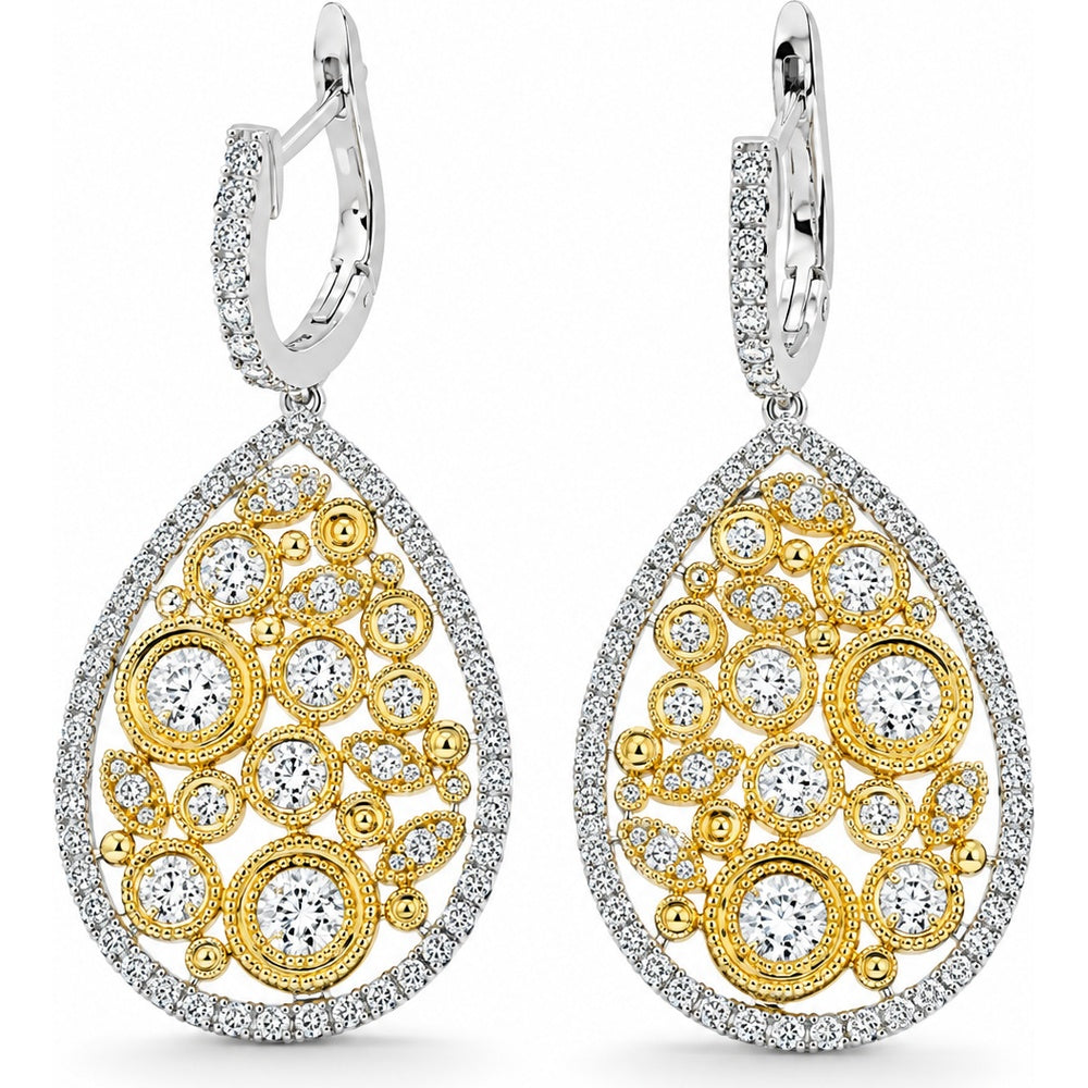 14K Two-Tone White and Yellow Gold Pear-Shaped Drop Earrings with Bezel and Prong Set Round Diamonds - 2.25 Carat Total Diamond Weight by Auriventus
