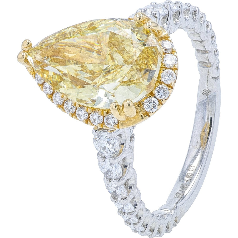 14K Two-Tone White and Yellow Gold Pear-Shaped Halo Ring with 4.03 Carat Fancy Vivid Yellow Lab-Grown Diamond and Accent Pavé Diamonds - 4.92 Carat Total Diamond Weight