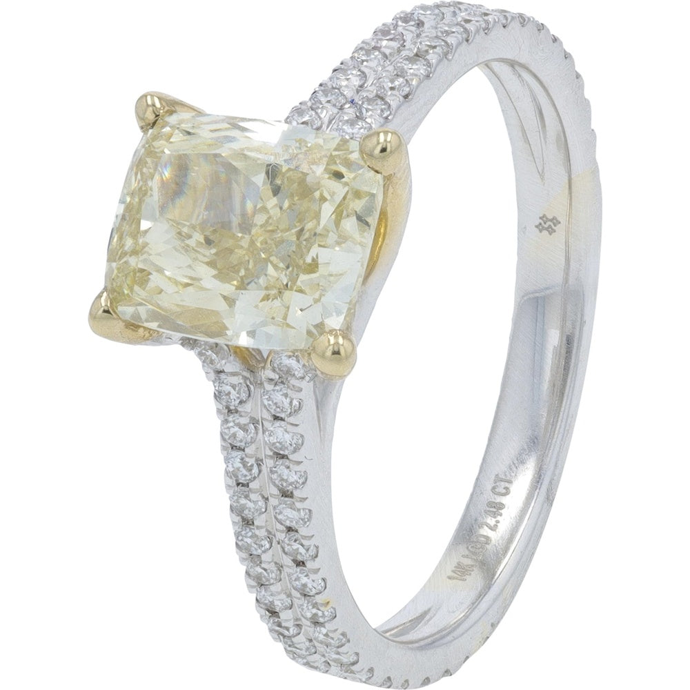 14K Two-Tone White and Yellow Gold Radiant-Cut Lab Grown Diamond Ring with Pave Set Band - 2.49 Carat Total Diamond Weight IGI Certified