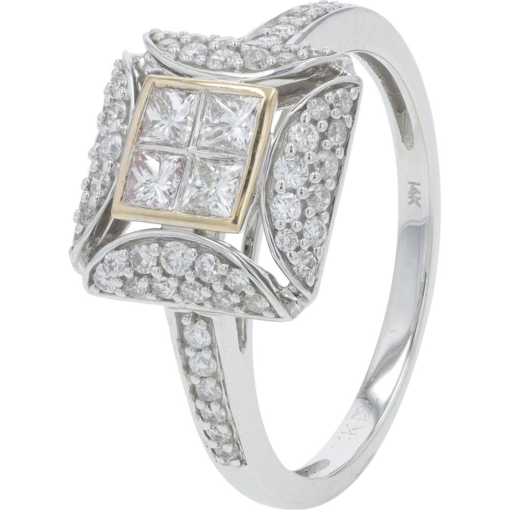 14K Two-Tone White and Yellow Gold Ring with 0.75 Carat Total Princess Cut Diamonds and Pavé Accents