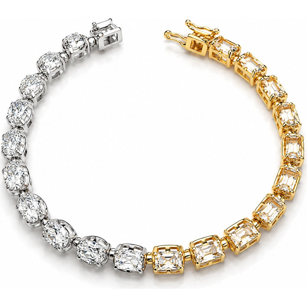 14K Two-Tone White and Yellow Gold Tennis Bracelet with Alternating Oval and Emerald Cut Lab Grown Diamonds - 12.59 Carat Total Diamond Weight by Auriventus