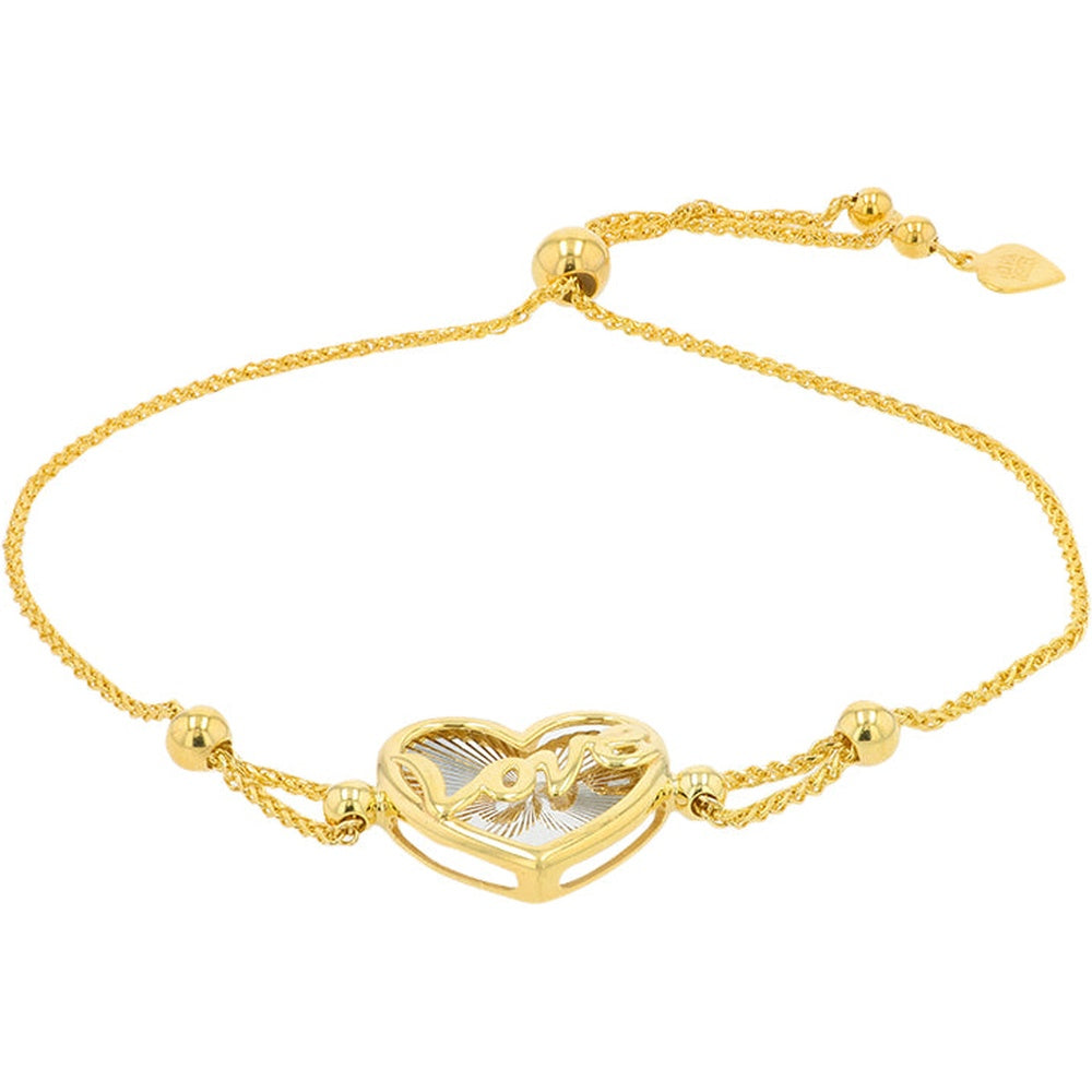 14K Two-Tone Yellow and White Gold Adjustable Bolo Bracelet with Heart-Shaped LOVE Motif and Polished Bead Accents - 3.70 Gram Total Weight