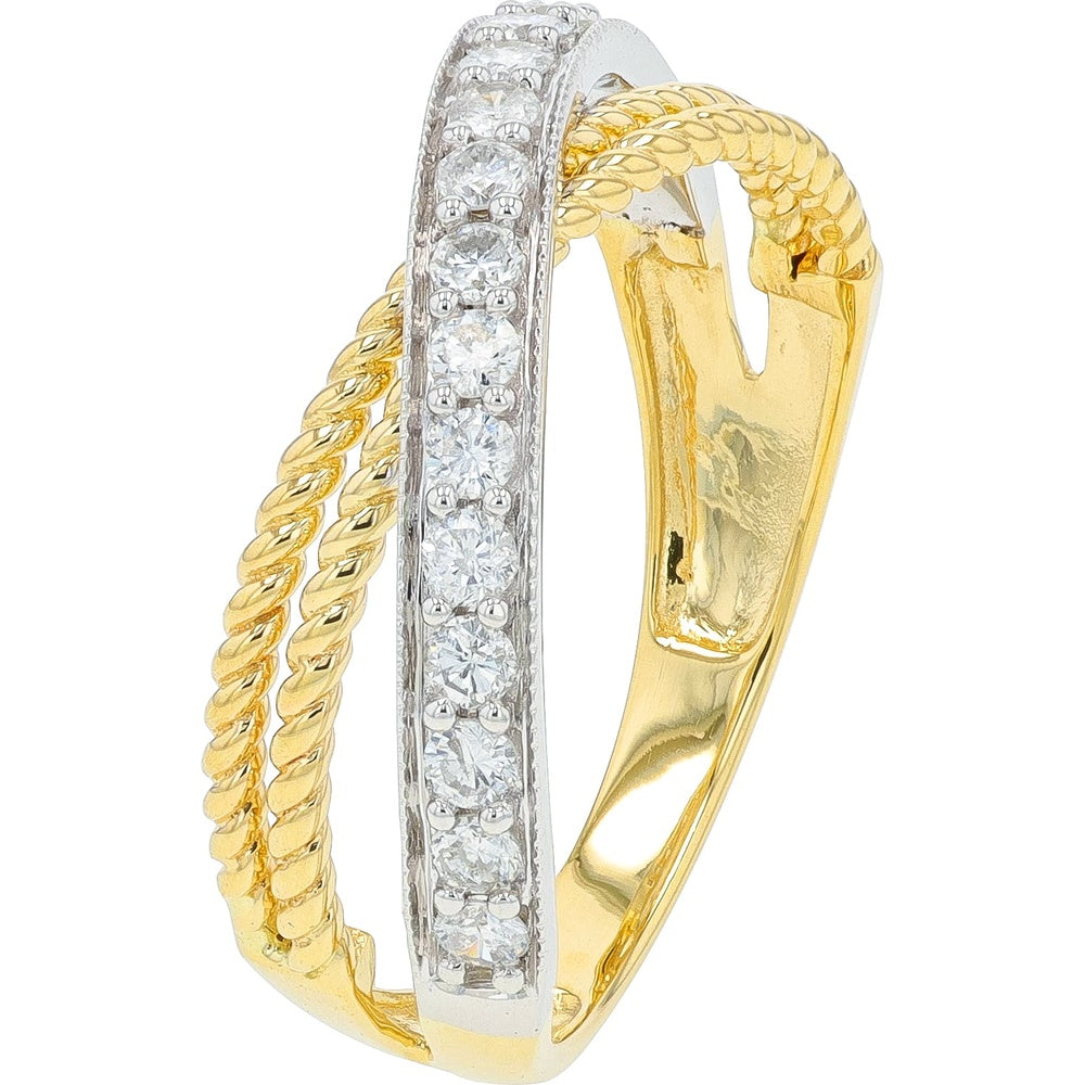 14K Two-Tone Yellow and White Gold Crossover Ring with Rope Twist Detail and Prong-Set Round Diamonds - 0.35 Carat Total Diamond Weight