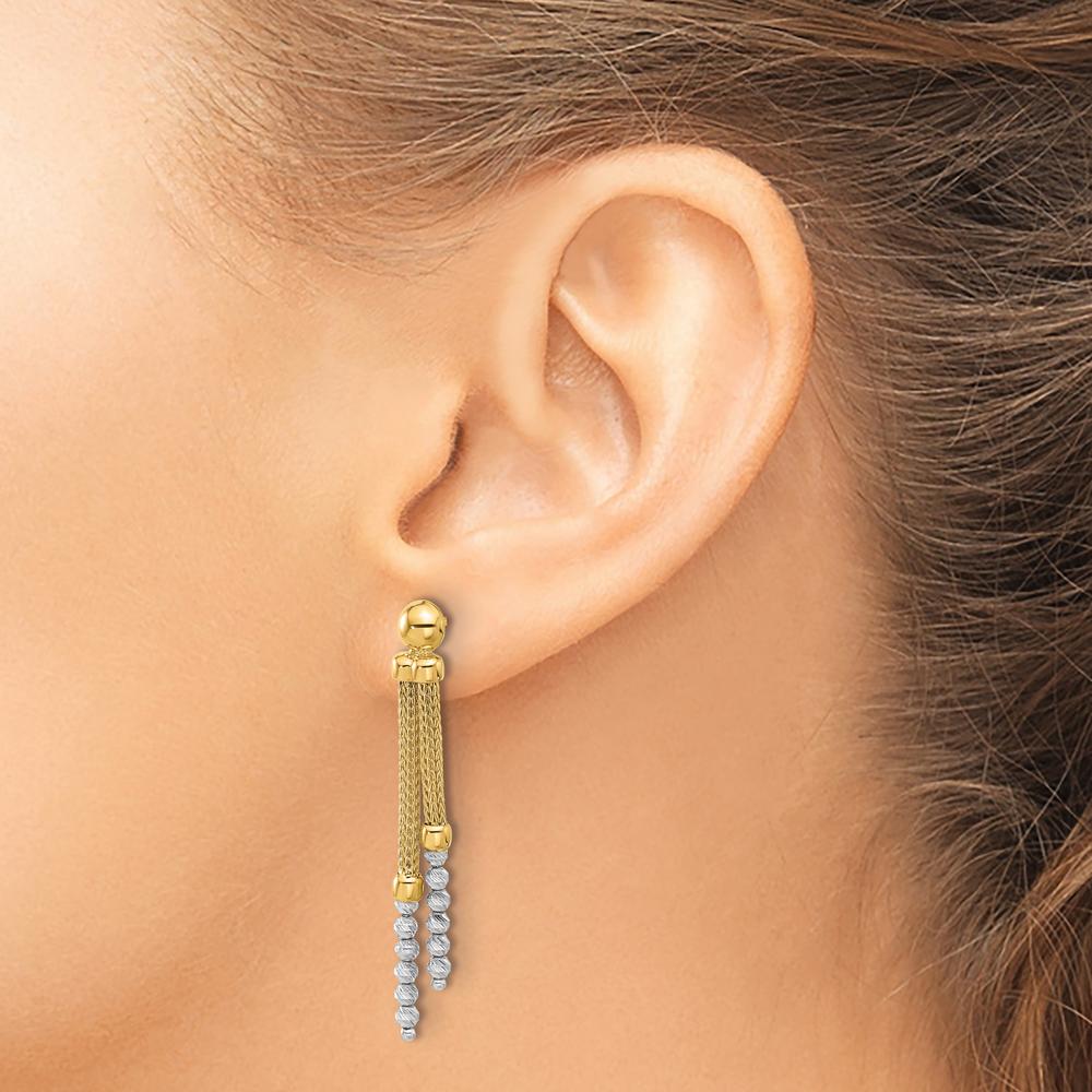 14K Two-Tone Yellow and White Gold Diamond-Cut Beaded Dangle Post Earrings - 19mm by 0